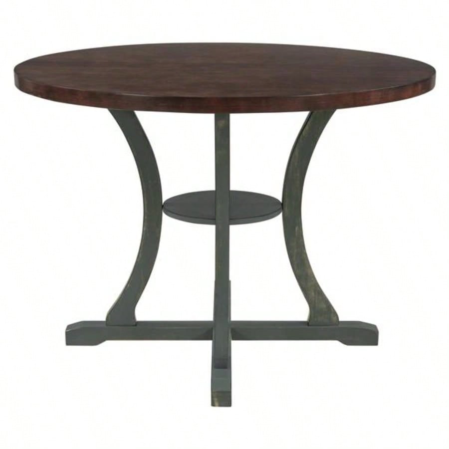 5 - Piece Round Dining Table and 4 Fabric Chairs with Special - shaped Table and Storage Shelf Antique Blue/ Dark Brown