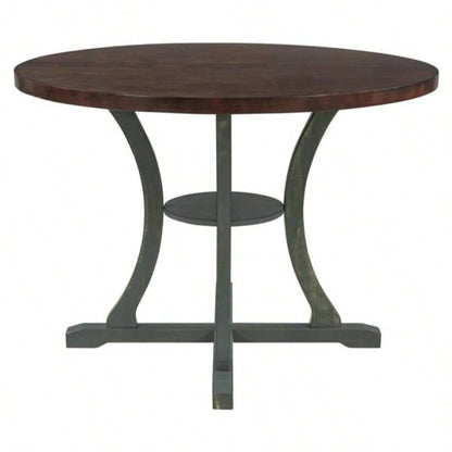 5 - Piece Round Dining Table and 4 Fabric Chairs with Special - shaped Table and Storage Shelf Antique Blue/ Dark Brown