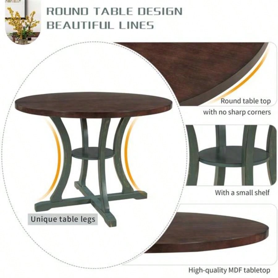 5 - Piece Round Dining Table and 4 Fabric Chairs with Special - shaped Table and Storage Shelf Antique Blue/ Dark Brown