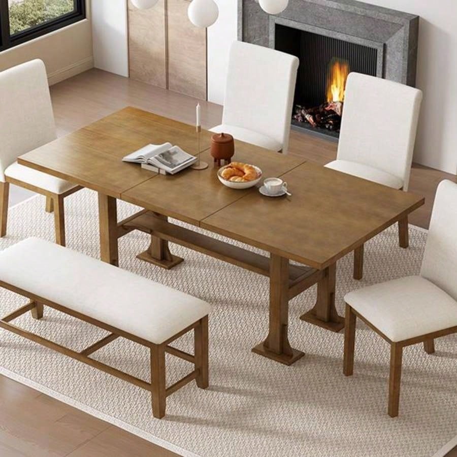 Farmhouse 76inch 6 - Piece Extendable Dining Table Set Trestle Kitchen Table Set with 18inch Removable Leaf and Upholstered Dining Chair and Dining Room, Dark Brown