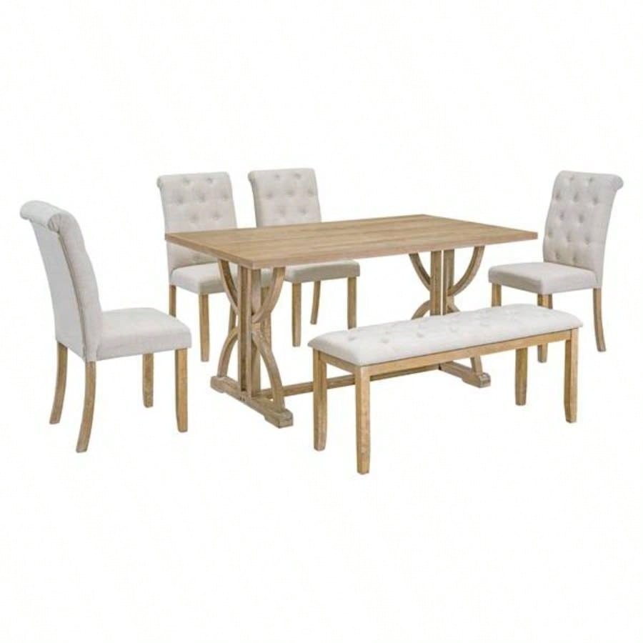 6 - Piece Retro Rectangular Dining Table Set, Table with Unique and 4 Upholstered Chairs 1 Dining Room and Kitchen Natural Wood Wash