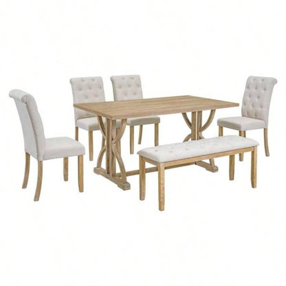 6 - Piece Retro Rectangular Dining Table Set, Table with Unique and 4 Upholstered Chairs 1 Dining Room and Kitchen Natural Wood Wash