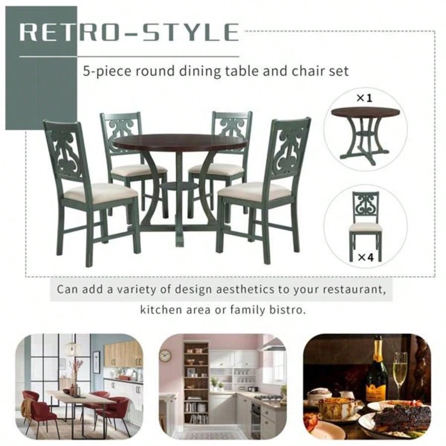 5 - Piece Round Dining Table and 4 Fabric Chairs with Special - shaped Table and Storage Shelf Antique Blue/ Dark Brown