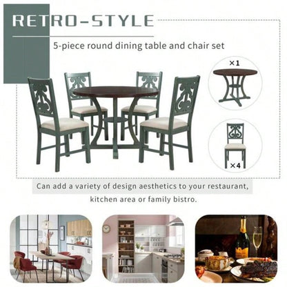 5 - Piece Round Dining Table and 4 Fabric Chairs with Special - shaped Table and Storage Shelf Antique Blue/ Dark Brown