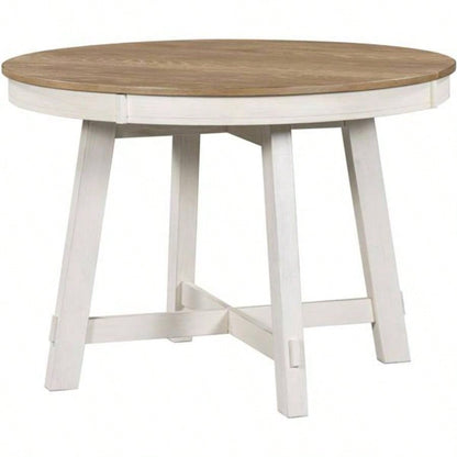 Farmhouse Round Extendable Dining Table with 16 Leaf Wood Kitchen Table Oak Natural Wood+ Antique White