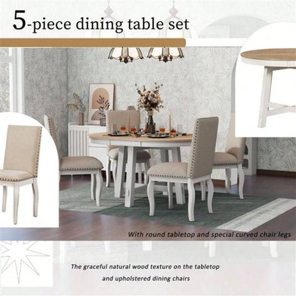 5 - Piece Farmhouse Dining Table Set Wood Round Extendable Dining Table and 4 Upholstered Dining Chairs Oak Natural Wood+ Antique White