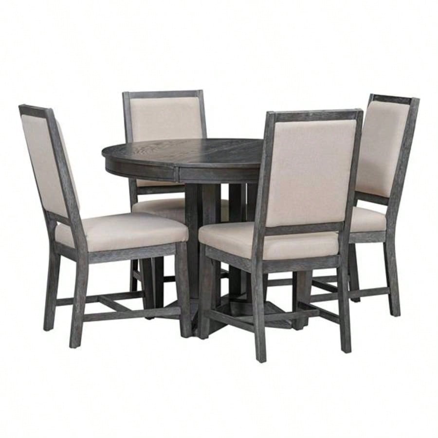 5 - Piece Dining Set Extendable Round Table and 4 Upholstered Chairs Farmhouse Dining Set Kitchen, Dining RoomBlack