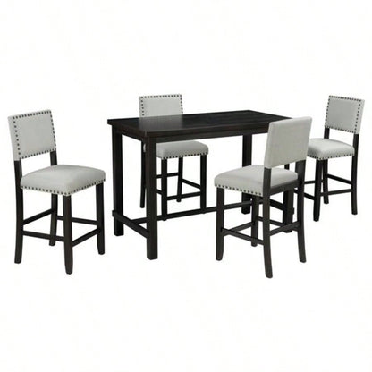 5 - Piece Counter Height Dining Set, Classic Elegant Table and 4 Chairs in Espresso and Beige