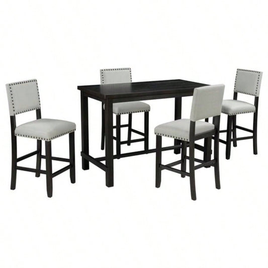 5 - Piece Counter Height Dining Set, Classic Elegant Table and 4 Chairs in Espresso and Beige