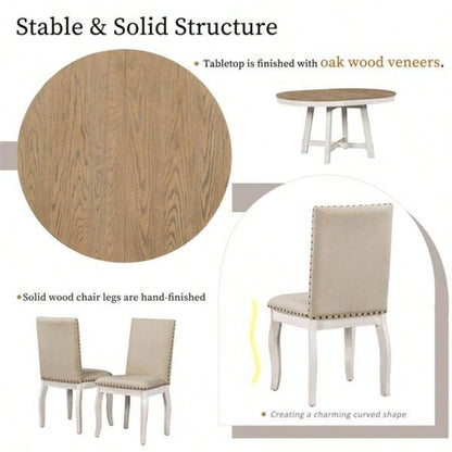 5 - Piece Farmhouse Dining Table Set Wood Round Extendable Dining Table and 4 Upholstered Dining Chairs Oak Natural Wood+ Antique White