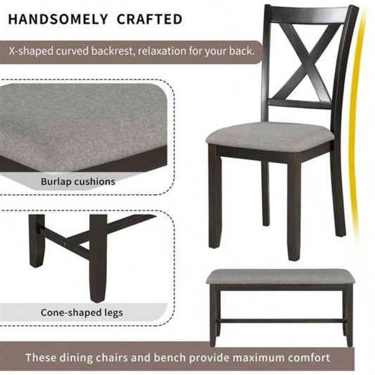 6 - Piece Kitchen Dining Table Set Wooden Rectangular Dining Table, 4 Fabric Chairs and Family Furniture Espresso
