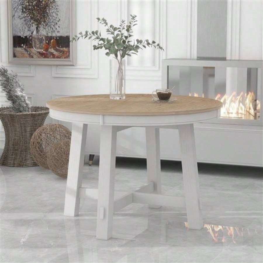 Farmhouse Round Extendable Dining Table with 16 Leaf Wood Kitchen Table Oak Natural Wood+ Antique White