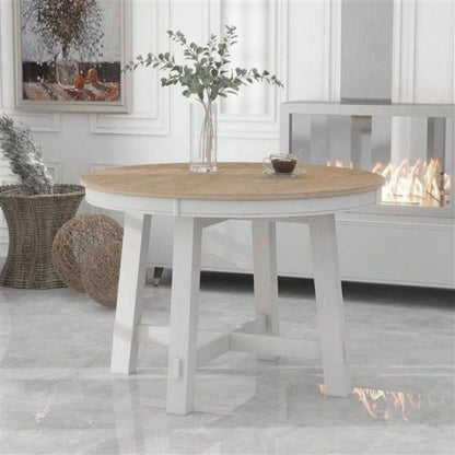 Farmhouse Round Extendable Dining Table with 16 Leaf Wood Kitchen Table Oak Natural Wood+ Antique White