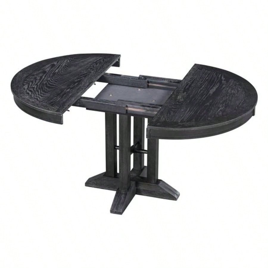 5 - Piece Dining Set Extendable Round Table and 4 Upholstered Chairs Farmhouse Dining Set Kitchen, Dining RoomBlack