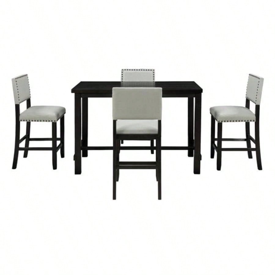 5 - Piece Counter Height Dining Set, Classic Elegant Table and 4 Chairs in Espresso and Beige