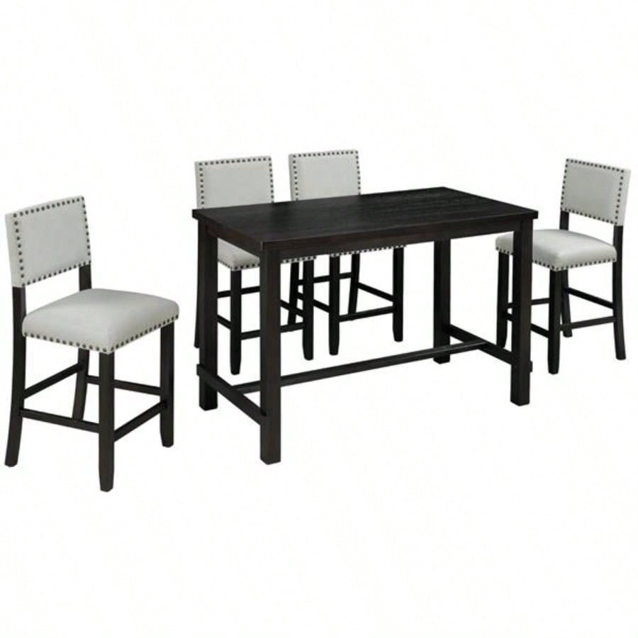 5 - Piece Counter Height Dining Set, Classic Elegant Table and 4 Chairs in Espresso and Beige