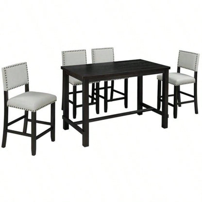 5 - Piece Counter Height Dining Set, Classic Elegant Table and 4 Chairs in Espresso and Beige