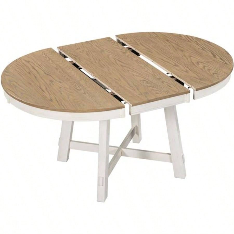 5 - Piece Farmhouse Dining Table Set Wood Round Extendable Dining Table and 4 Upholstered Dining Chairs Oak Natural Wood+ Antique White