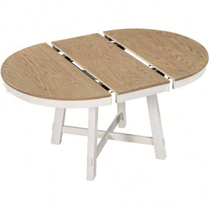 5 - Piece Farmhouse Dining Table Set Wood Round Extendable Dining Table and 4 Upholstered Dining Chairs Oak Natural Wood+ Antique White