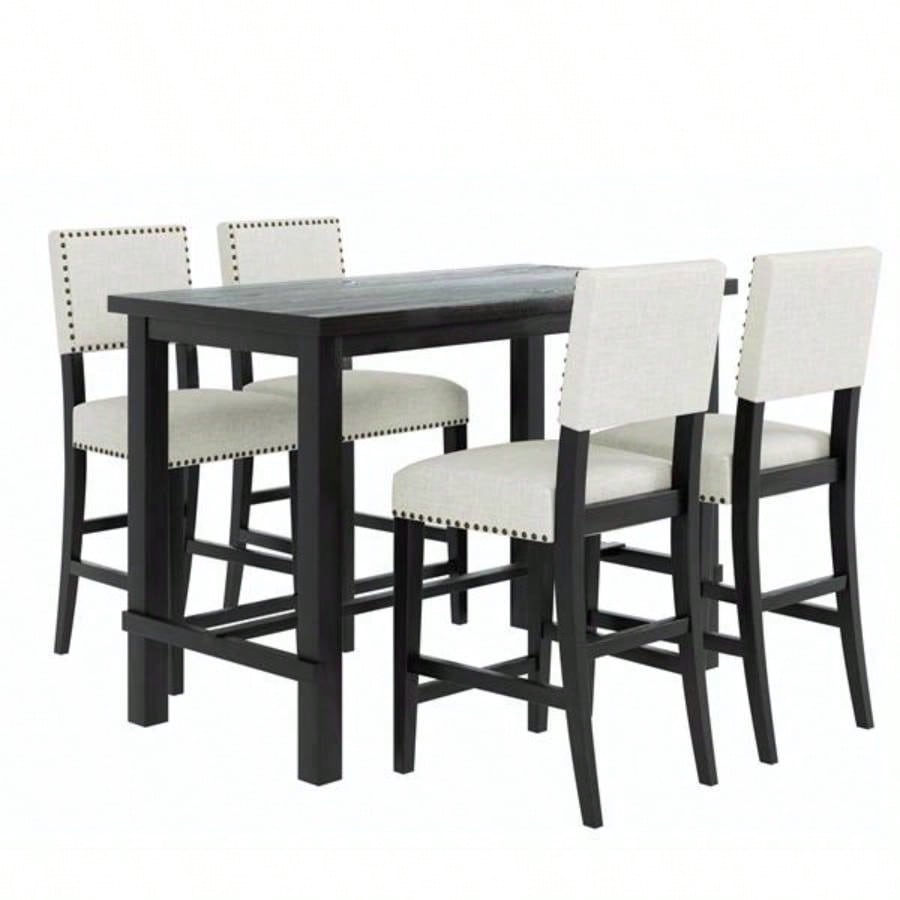 5 - Piece Counter Height Dining Set, Classic Elegant Table and 4 Chairs in Espresso and Beige