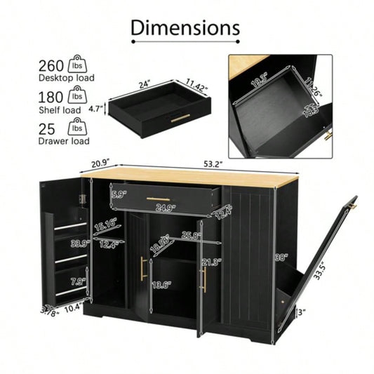 53 inch Large Kitchen Island with Trash Can Storage Cabinet, Islands Table with Drawer and Adjustable Shelves, Breakfast Bar Cabinet 13 Gallon Garbage Bin, Black Oak