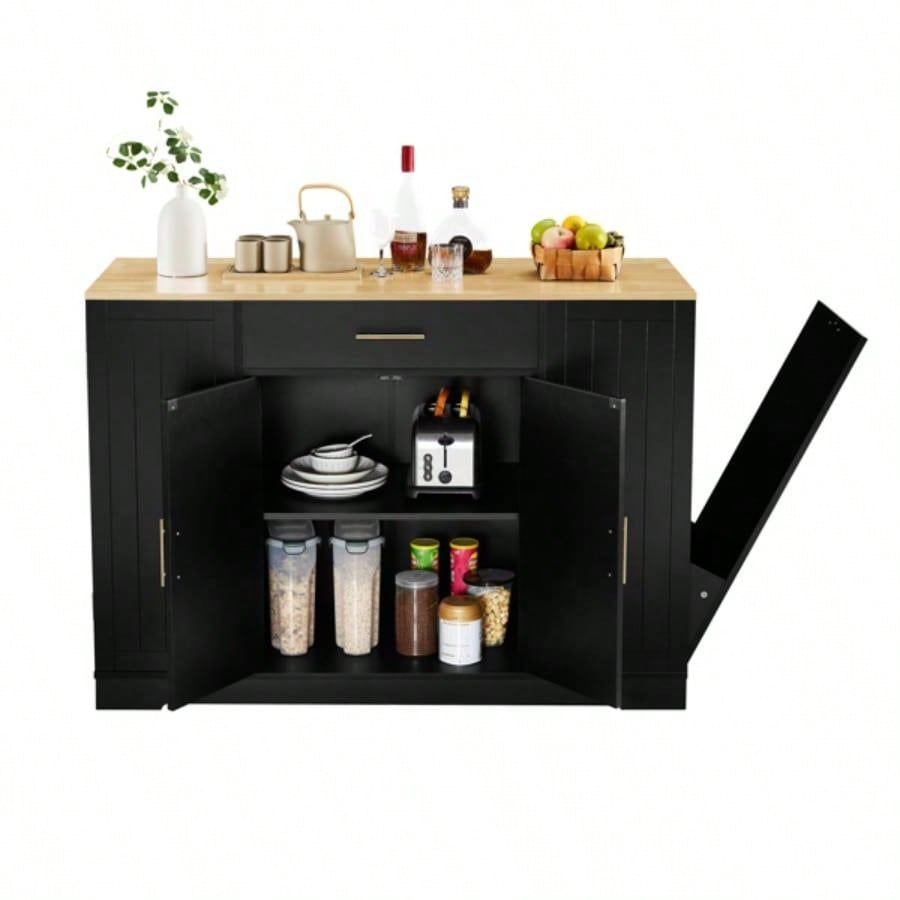 53 inch Large Kitchen Island with Trash Can Storage Cabinet, Islands Table with Drawer and Adjustable Shelves, Breakfast Bar Cabinet 13 Gallon Garbage Bin, Black Oak