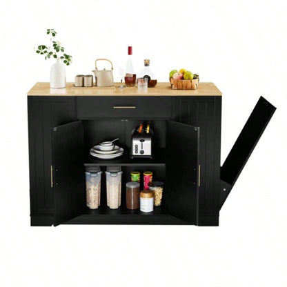 53 inch Large Kitchen Island with Trash Can Storage Cabinet, Islands Table with Drawer and Adjustable Shelves, Breakfast Bar Cabinet 13 Gallon Garbage Bin, Black Oak