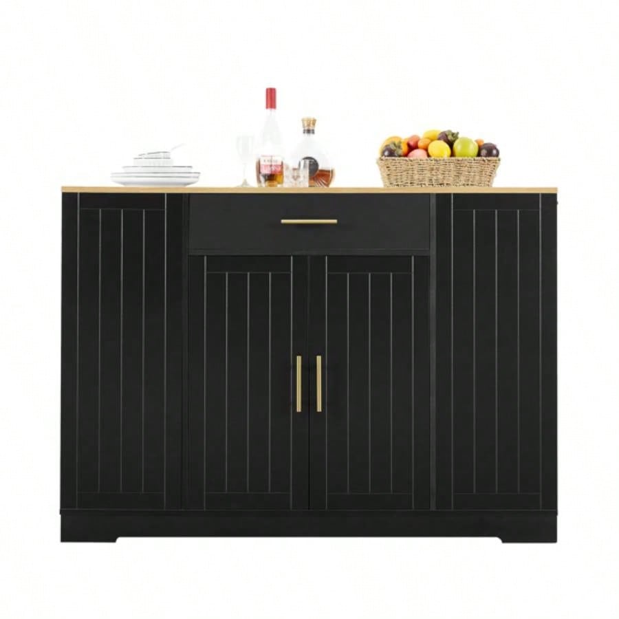 53 inch Large Kitchen Island with Trash Can Storage Cabinet, Islands Table with Drawer and Adjustable Shelves, Breakfast Bar Cabinet 13 Gallon Garbage Bin, Black Oak