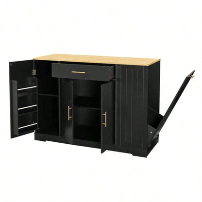 53 inch Large Kitchen Island with Trash Can Storage Cabinet, Islands Table with Drawer and Adjustable Shelves, Breakfast Bar Cabinet 13 Gallon Garbage Bin, Black Oak