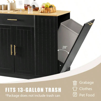 53 inch Large Kitchen Island with Trash Can Storage Cabinet, Islands Table with Drawer and Adjustable Shelves, Breakfast Bar Cabinet 13 Gallon Garbage Bin, Black Oak