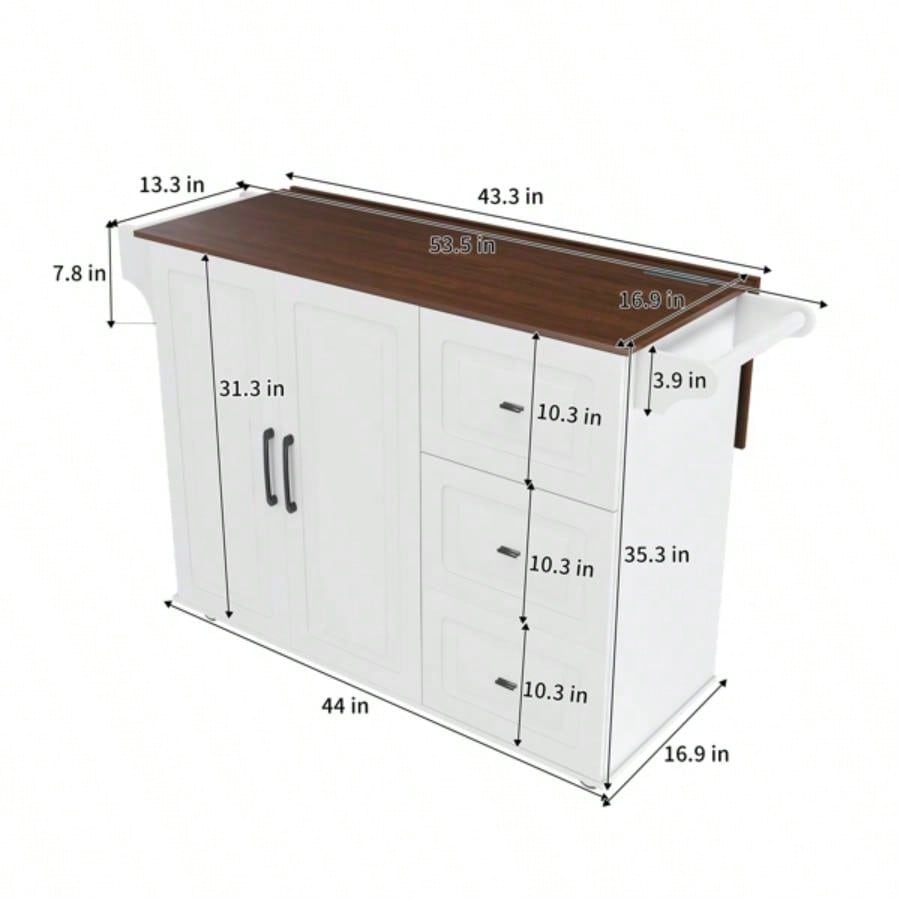White Kitchen Island Cart with Foldable Tabletop Drop Leaf - Mobile Breakfast Bar on Wheels with Wood Top and Storage