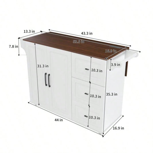 White Kitchen Island Cart with Foldable Tabletop Drop Leaf - Mobile Breakfast Bar on Wheels with Wood Top and Storage