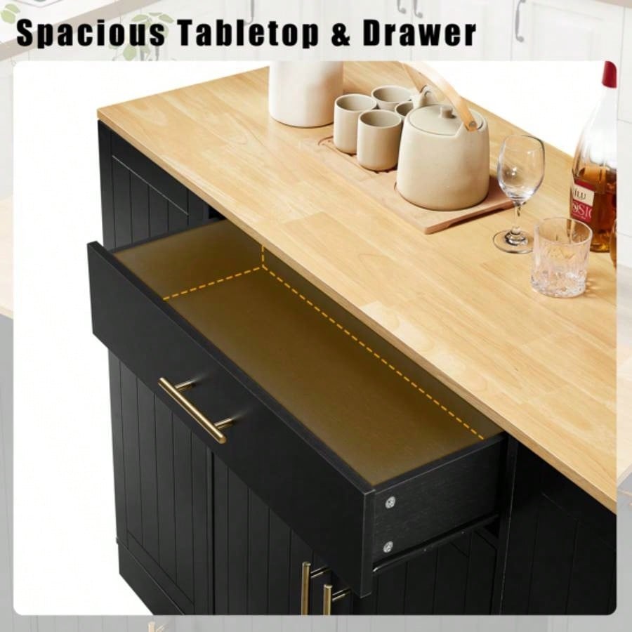 53 inch Large Kitchen Island with Trash Can Storage Cabinet, Islands Table with Drawer and Adjustable Shelves, Breakfast Bar Cabinet 13 Gallon Garbage Bin, Black Oak