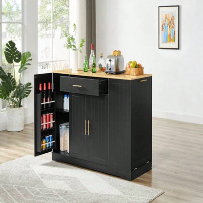 53 inch Large Kitchen Island with Trash Can Storage Cabinet, Islands Table with Drawer and Adjustable Shelves, Breakfast Bar Cabinet 13 Gallon Garbage Bin, Black Oak