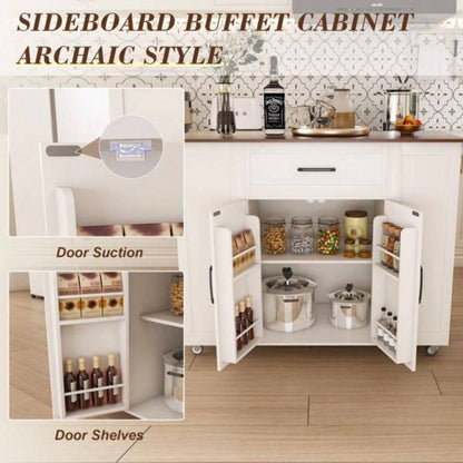 46 Kitchen Island on Wheels with Storage Power Outlet - Movable Rustic Breakfast Bar Table, Wood Top with Adjustable Shelf Drawer Kitchen Dining Living Room, White