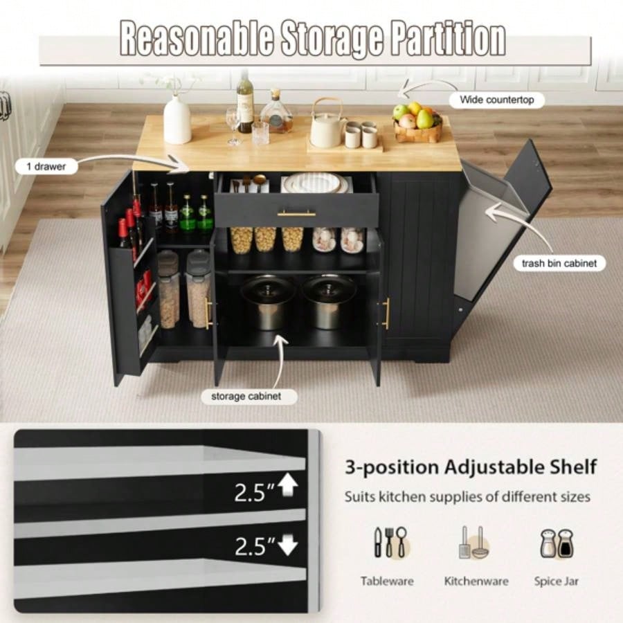 53 inch Large Kitchen Island with Trash Can Storage Cabinet, Islands Table with Drawer and Adjustable Shelves, Breakfast Bar Cabinet 13 Gallon Garbage Bin, Black Oak