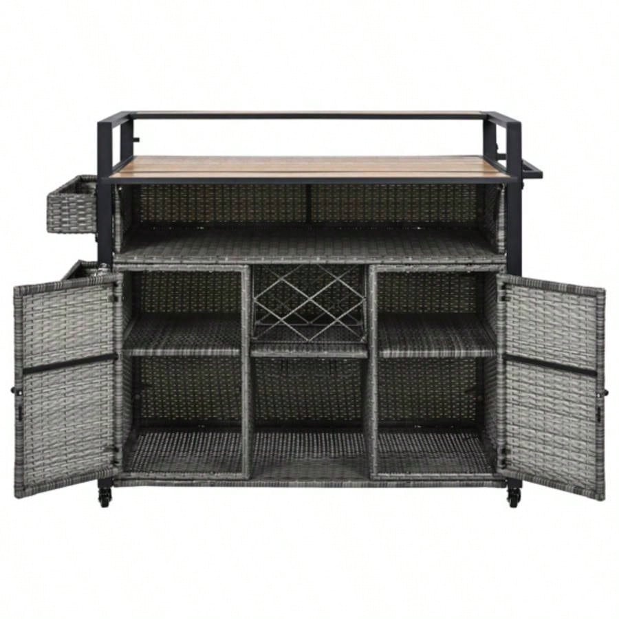 52.8 Wicker Outdoor Grill Cart with Extended Plastic Wood Table Top, Rolling Kitchen Island on Wheels with Storage Cabinet, Patio Backyard Garden Poolside, Double Handle Design,