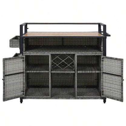 52.8 Wicker Outdoor Grill Cart with Extended Plastic Wood Table Top, Rolling Kitchen Island on Wheels with Storage Cabinet, Patio Backyard Garden Poolside, Double Handle Design,