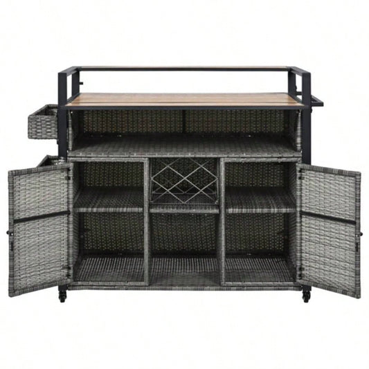 52.8 Wicker Outdoor Grill Cart with Extended Plastic Wood Table Top, Rolling Kitchen Island on Wheels with Storage Cabinet, Patio Backyard Garden Poolside, Double Handle Design,