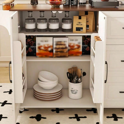 White Kitchen Island Cart with Foldable Tabletop Drop Leaf - Mobile Breakfast Bar on Wheels with Wood Top and Storage