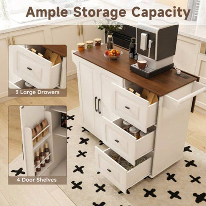 White Kitchen Island Cart with Foldable Tabletop Drop Leaf - Mobile Breakfast Bar on Wheels with Wood Top and Storage