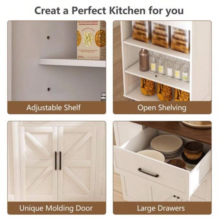 46 Kitchen Island on Wheels with Storage Power Outlet - Movable Rustic Breakfast Bar Table, Wood Top with Adjustable Shelf Drawer Kitchen Dining Living Room, White