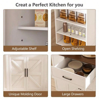 46 Kitchen Island on Wheels with Storage Power Outlet - Movable Rustic Breakfast Bar Table, Wood Top with Adjustable Shelf Drawer Kitchen Dining Living Room, White