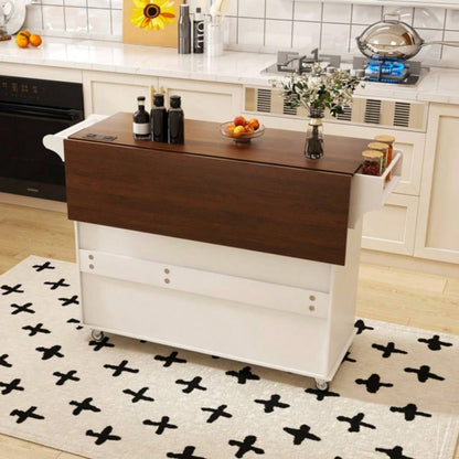 White Kitchen Island Cart with Foldable Tabletop Drop Leaf - Mobile Breakfast Bar on Wheels with Wood Top and Storage