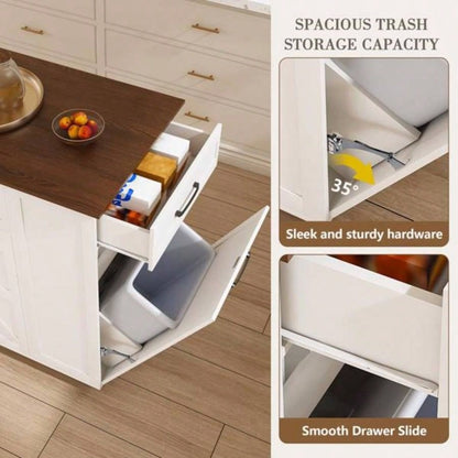 46 Kitchen Island on Wheels with Storage Power Outlet - Movable Rustic Breakfast Bar Table, Wood Top with Adjustable Shelf Drawer Kitchen Dining Living Room, White