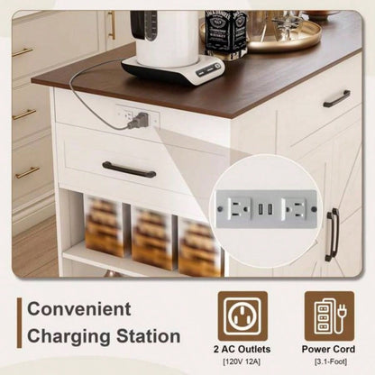 46 Kitchen Island on Wheels with Storage Power Outlet - Movable Rustic Breakfast Bar Table, Wood Top with Adjustable Shelf Drawer Kitchen Dining Living Room, White