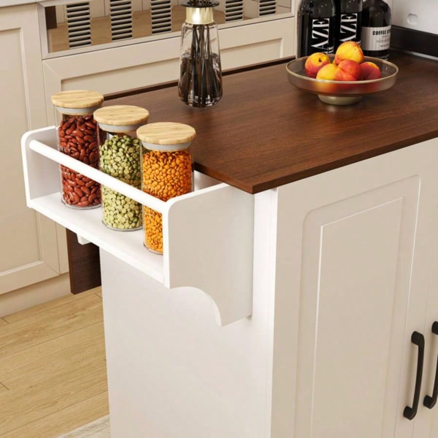 White Kitchen Island Cart with Foldable Tabletop Drop Leaf - Mobile Breakfast Bar on Wheels with Wood Top and Storage