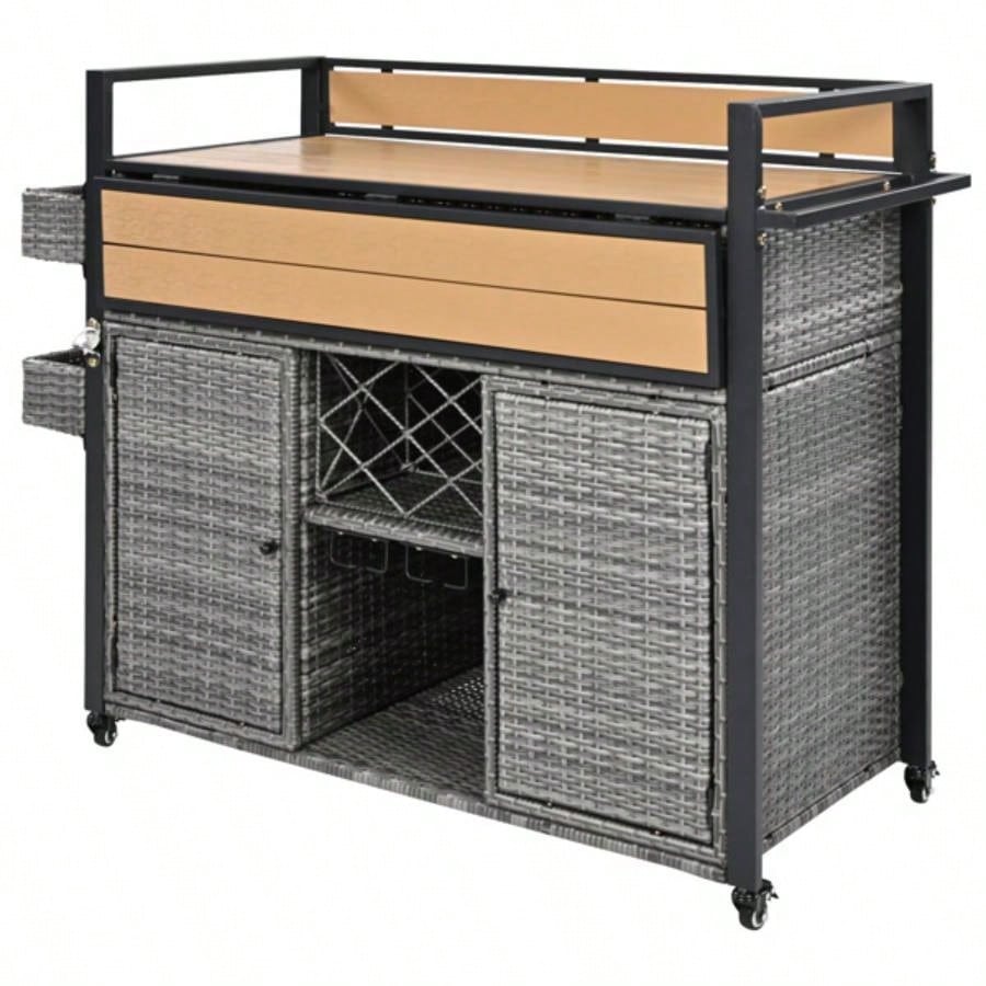 52.8 Wicker Outdoor Grill Cart with Extended Plastic Wood Table Top, Rolling Kitchen Island on Wheels with Storage Cabinet, Patio Backyard Garden Poolside, Double Handle Design,