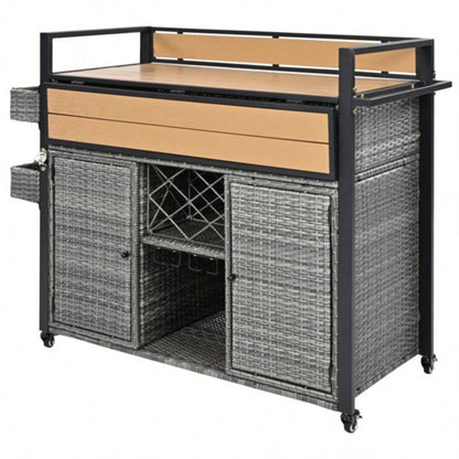 52.8 Wicker Outdoor Grill Cart with Extended Plastic Wood Table Top, Rolling Kitchen Island on Wheels with Storage Cabinet, Patio Backyard Garden Poolside, Double Handle Design,
