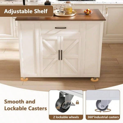 46 Kitchen Island on Wheels with Storage Power Outlet - Movable Rustic Breakfast Bar Table, Wood Top with Adjustable Shelf Drawer Kitchen Dining Living Room, White